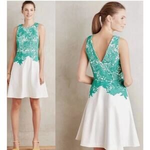 Anthropologie Moulinette Soeurs‎ Arbor Cream & Green Lace Fit & Flare Dress 0
